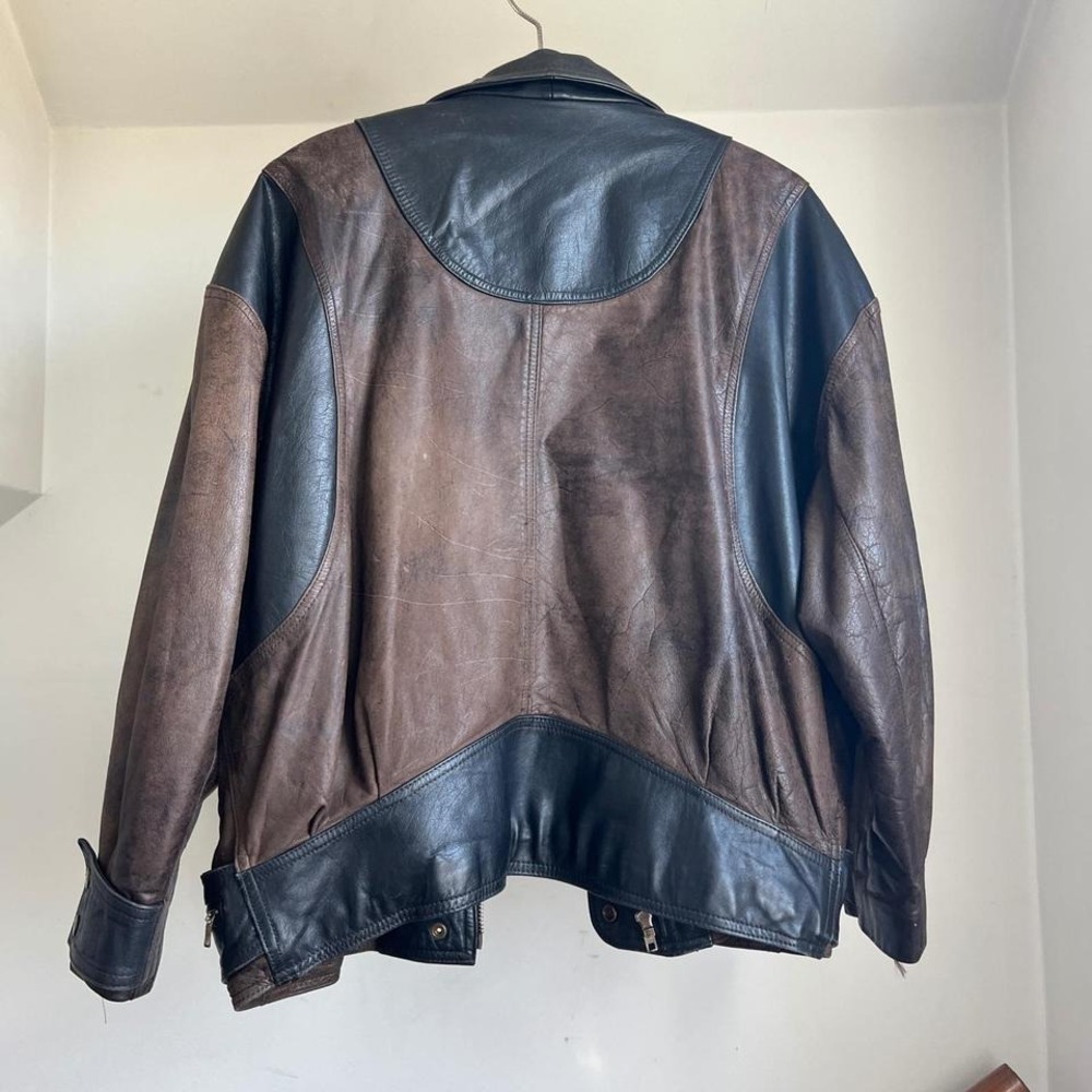Vintage Leather Jacket Brown Black Two Tone Unique Oversized Bomber 90s Baggy - Picture 8 of 9